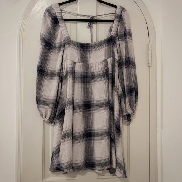 UO Plaid Mini Babydoll Dress, Empire Waist 90s Vibes Long Sleeves, sz. S-P - Picture 4 of 5